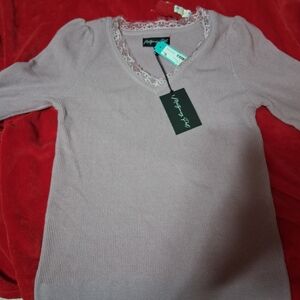 Women's Lace-Trim V-Neck Ribbed Sweater - Dusty Pink Size Small